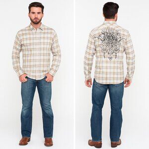 Vintage Red Brand Men's Neutral Button-Down Plaid Shirt with Graphic on Back Y2K